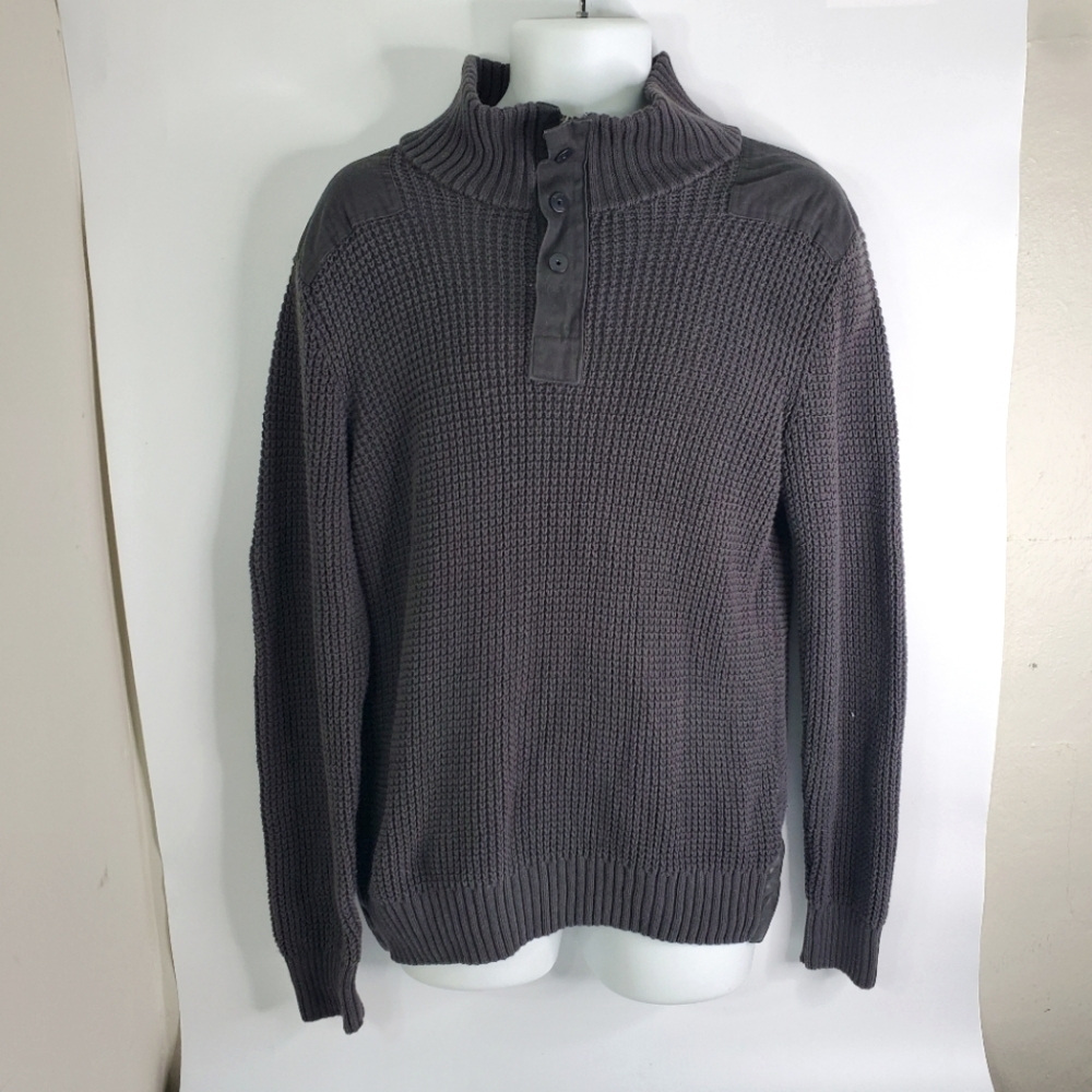 Buffalo David Bitton Sweater Mens Medium 1972 Waffle Knit Elbow Patch Black